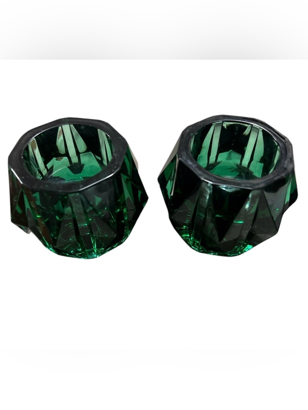 Vtg Emerald Green Faceted Crystal Votive Candle Holders Pair Italian Art Glass